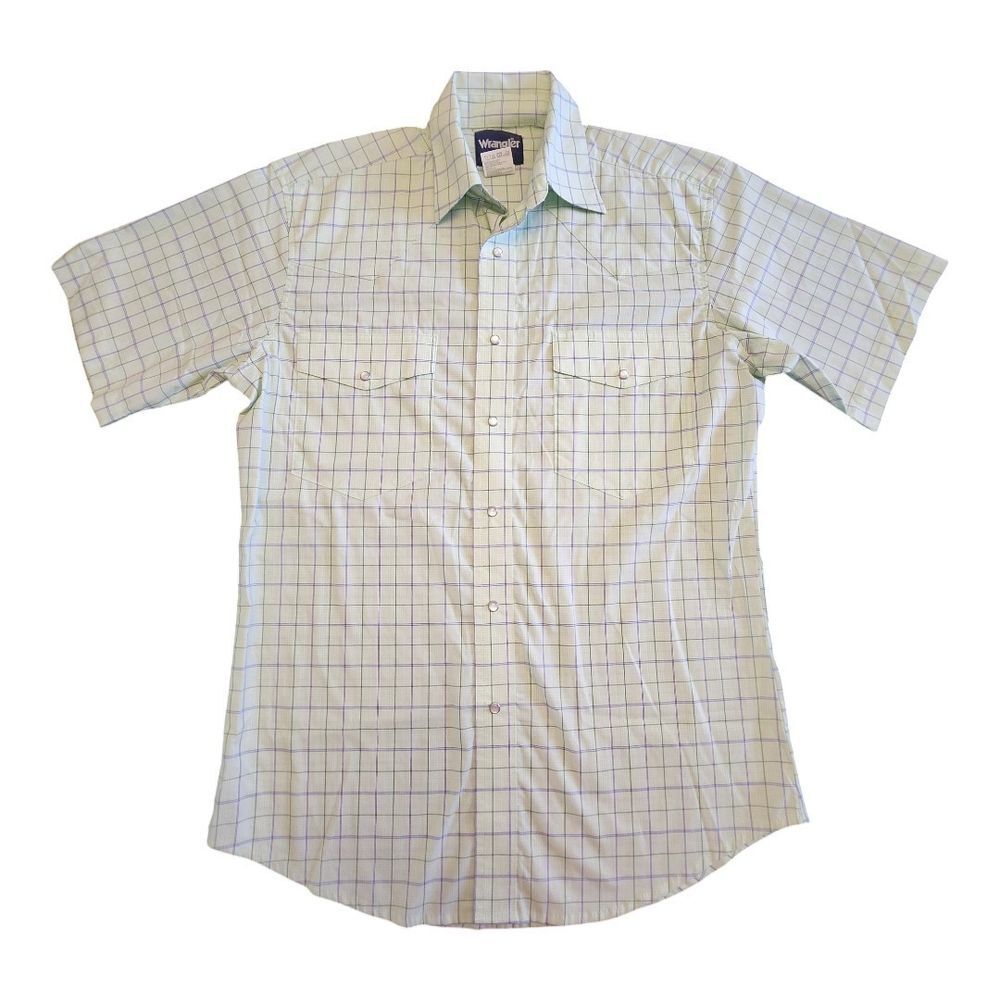 NWOT Wrangler Men's Western Wrinkle Resistant Green Blue Plaid Shirt Size Medium